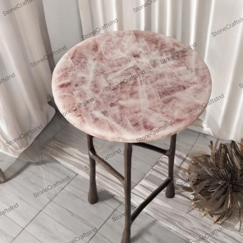 Handmade Rose Quartz Table Top, Pink Stone Dining & Coffee Table image 1