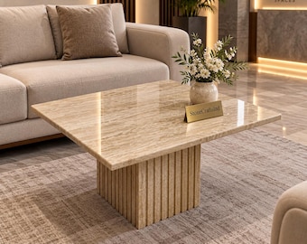 Handmade Travertine Coffee Table – Natural Beige Stone Top with Ribbed Base – Luxury Center Table
