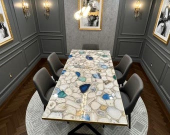 White Agate & Mix Agate Stone Dining Living Room Table To: Handmade Interior