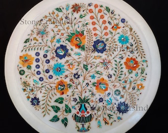 White Marble Inlay Plate, Semiprecious Floral Design (15 inch)