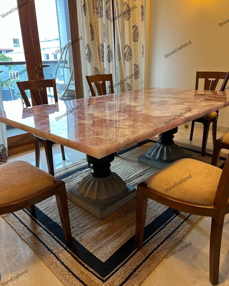 Pink Rose Quartz Dining Table Top / Natural Crystal Quartz Living Room Table Top / Handmade ...
