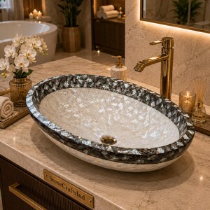 Mother of Pearl Mosaic Vessel Sink – Handmade Oval Shell Inlay Bathroom Basin