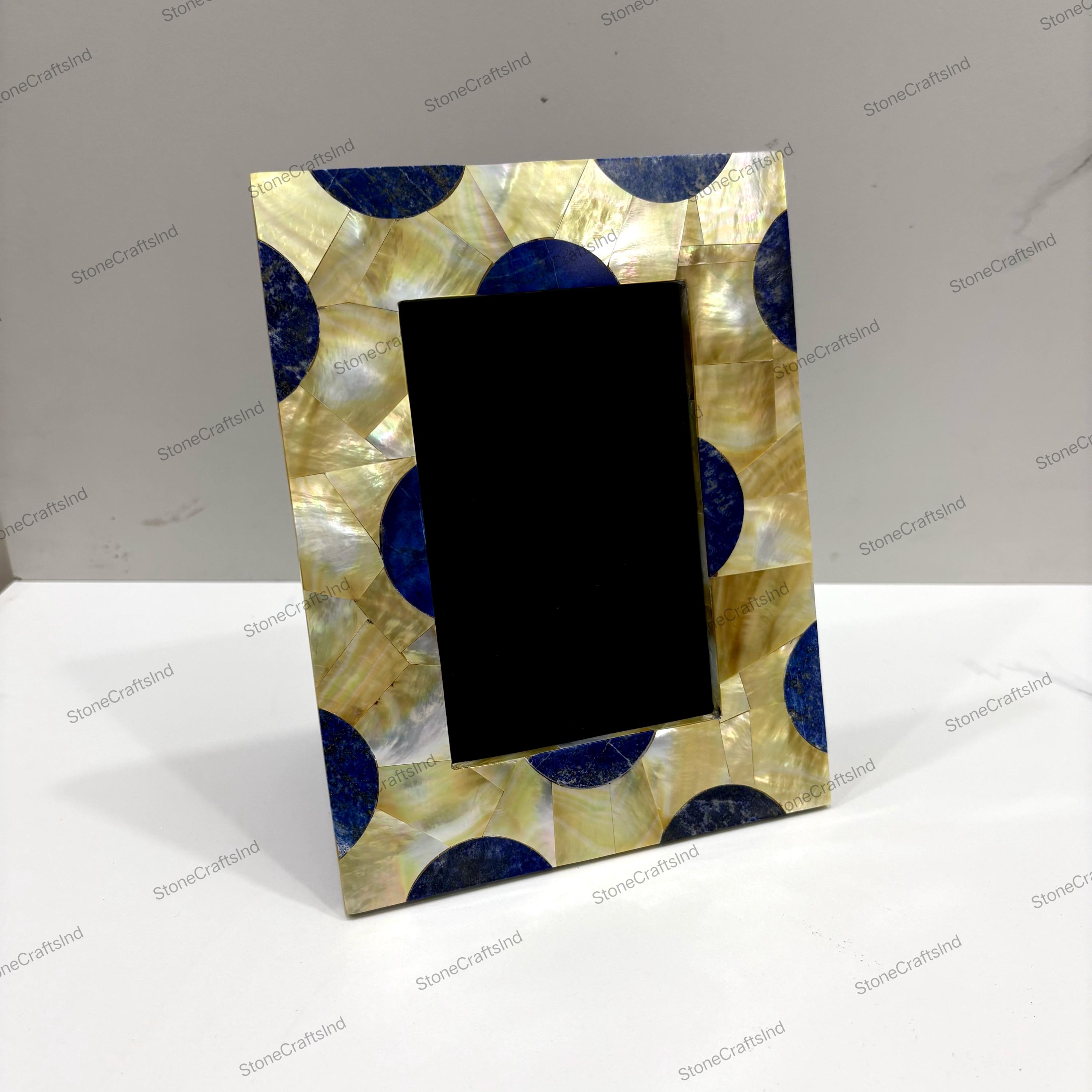 額縁 Picture Stone with Frame Lapis Lazuli & MOP Stone Photo Frame: Handmade Gemstone Decor