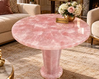 Rose Quartz Coffee Table – Handmade Pink Stone Pedestal Table – Luxury Gemstone Living Room Furniture