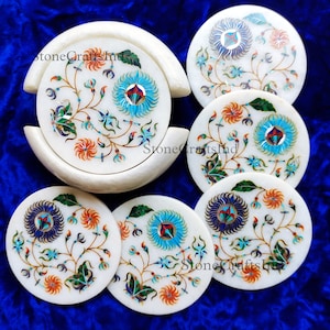 Decorative Marble Inlay Coffee Tea Coaster Set (6 Coaster and 1 Holder) Natural Semi Precious Stones Inlay Spider Art Work, Wedding Gifts