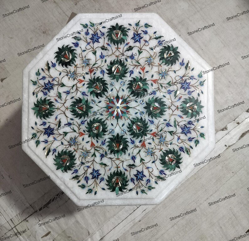 Handmade Marble Inlay Table Top with Malachite, Living Room Decor image 3
