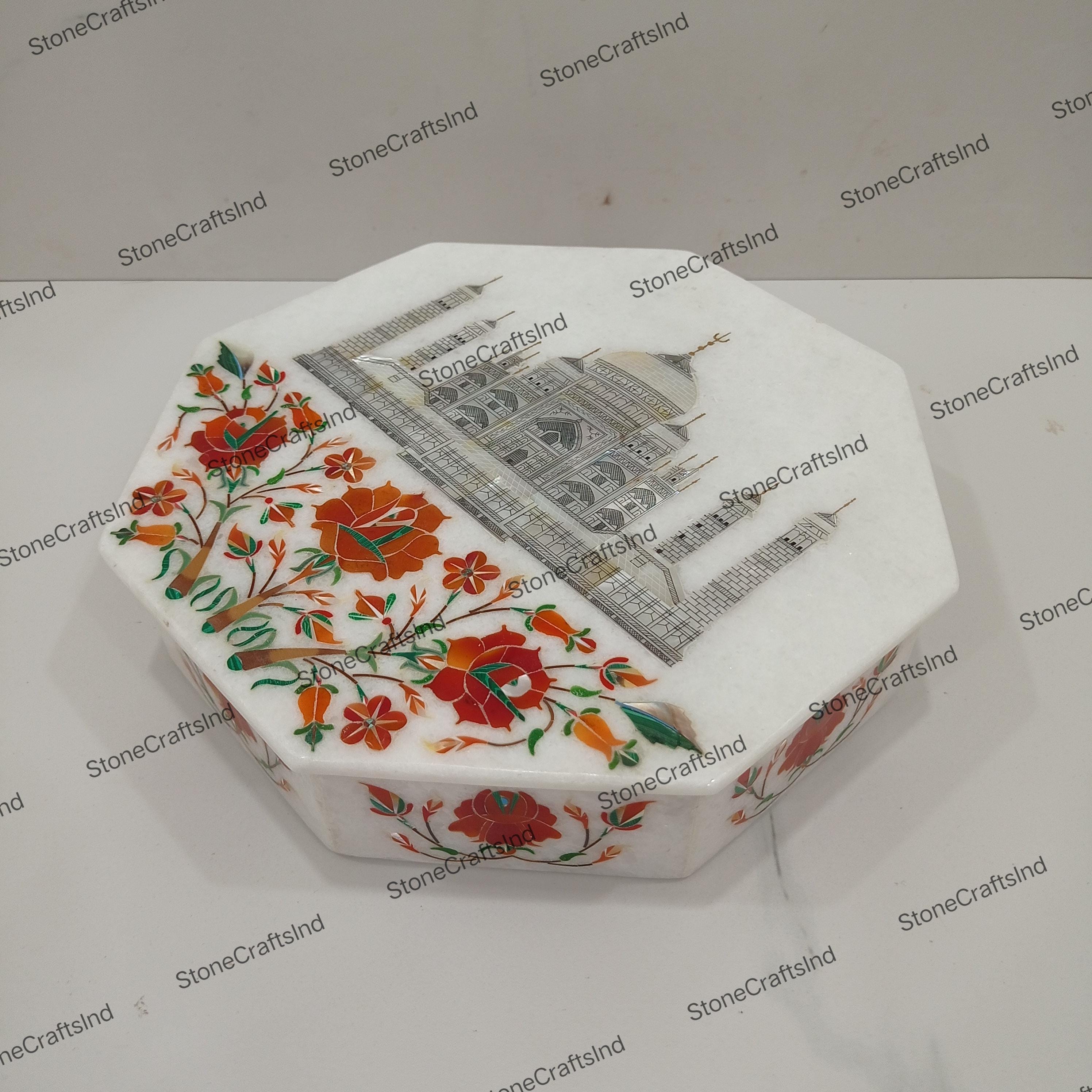 Taj Box Marble Inlay Jewelry Box: Taj Mahal Semiprecious Stone, Octagon Storage ...