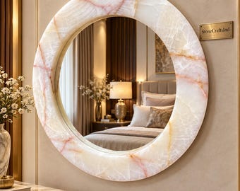 Natural White Onyx Vanity Mirror – Handmade Round Stone Wall Mirror – Luxury Bathroom & Home Decor