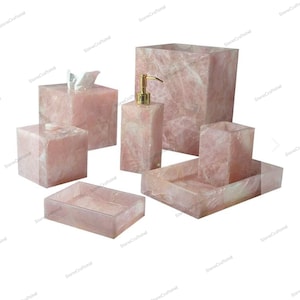 Pink Rose Quartz Bathroom Set 7 Piece, Crystal Quartz Stone Complete Accessories Bathroom Decor Vanity set, Agate Luxury Bathroom Set
