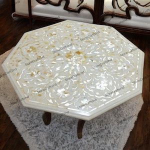 Elegant Mother of Pearl Inlay Table Top, White Marble With Natural Mop Inlaid Work, Mop Coffee Table, Kitchen & Dining Table, Home Furniture