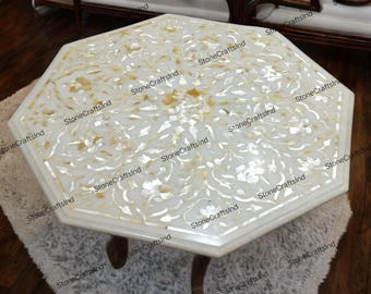 Elegant Mother of Pearl Inlay Table Top, White Marble With Natural Mop Inlaid Work, Mop Coffee Table, Kitchen & Dining Table, Home Furniture