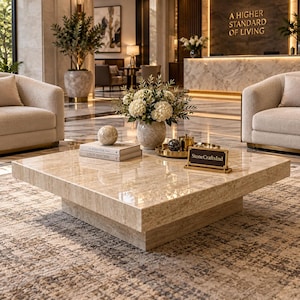 May include: A square beige travertine coffee table with a polished surface. On the table are two stacked books, a spherical stone object, a vase with white flowers, a gold tray with small items, and a gold sign reading StoneCraftsInd.