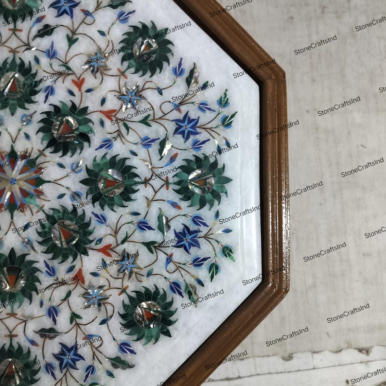 Handmade Marble Inlay Table Top with Malachite, Living Room Decor image 8