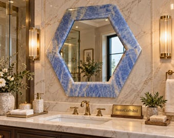 Luxury Blue Onyx Hexagon Mirror – Natural Gemstone Wall Decor – Modern Bedroom Statement Mirror