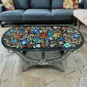 Marble Inlay Coffee Dining Table Top, Natural Semiprecious Stones Inlaid Pietra Dura Table, Marble Living Room Table, Home Decor Furniture