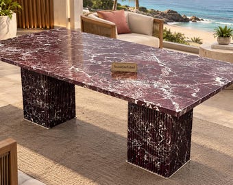 Rosso Levanto Stone Dining Table – Handmade Burgundy Marble Tabletop – Contemporary Double Pedestal Luxury Furniture