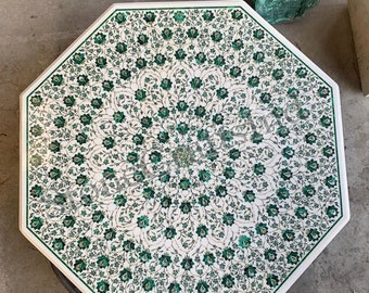 Malachite Inlay Marble Table Top, Pietra Dura Art