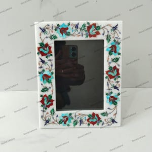 Beautiful Marble Inlay Picture Frame, Marquetry Art Inlaid With Natural Semiprecious Stones, Family Photo Frame, Christmas Gifts, Home Decor