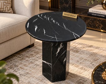Black Nero Marquina Marble Table – Elegant Round Pedestal Side Table – Luxury Living Room Furniture