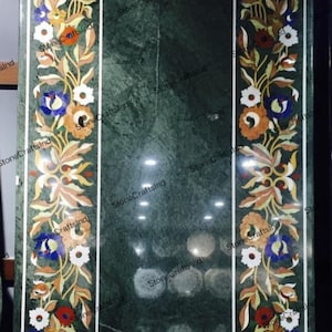 Green Marble Pietra Dura Dining Table Top, Handmade Marquetry Art Inlaid with Natural Semi Precious Stones Work, Conference Table Home Decor