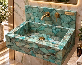 Natural Amazonite Stone Vessel Basin – Luxury Handmade Bathroom Sink – Green Gemstone Vanity Decor