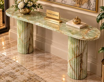 Luxury Green Stone Console Table – Natural Onyx Entryway Furniture – Handmade Sculptural Pedestal Base