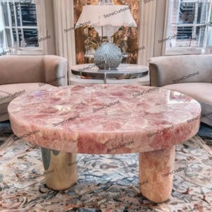 Pink Rose Quartz Coffee Dining Table Top, Round Pink Agate Sofa Center Table, Natural Stone End Table, Living Room Table, Home Furniture