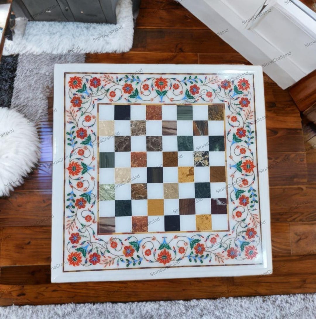 Marble Inlay Chess Table Set | Semiprecious Stone Chess Pieces - Etsy