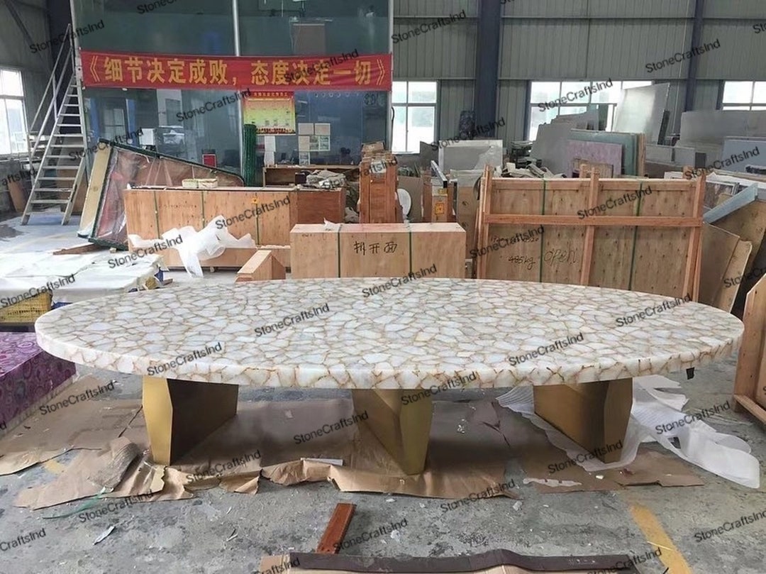 White Quartz Oval Dining Table Top / Quartz Coffee Center Table Top