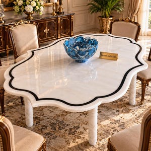 May include: A white marble dining table with a scalloped edge and a black inlay border, supported by four cylindrical white marble legs. A blue agate bowl sits on the surface next to a small gold-coloured plaque with the text StoneCraftsInd.