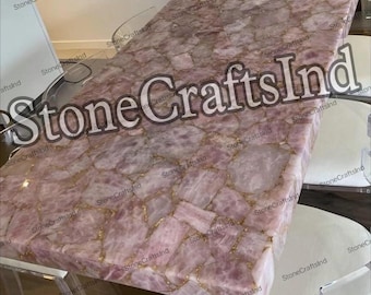 Handmade Pink Rose Quartz Dining Table Top with Gold Leaf