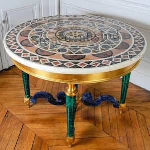 White Marble Coffee Center Table Top / Unique Semiprecious Stones Marble Inlay Art Side Table / Coffee & End Tables / Living Room Furniture