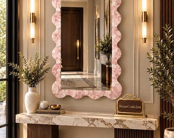 Scalloped Rose Quartz Mirror – Luxury Decorative Wall Mirror – Modern Home & Entryway Decor