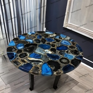 Agate Coffee Table Top / Round Blue & Brown Agate Stone Dining Table Top / Stone Center Table for Living Room / Agate Table Dining Furniture