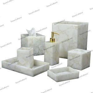 White Quartz Bathroom Set 7 Piece, Crystal Quartz Stone Complete Accessories Bathroom Decor Vanity set, Agate Stone Kitchen & Bathroom Set