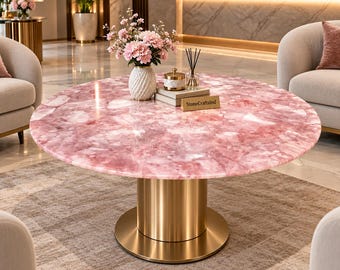 Rose Quartz Stone Table Top – Natural Handmade Gemstone Furniture – Luxury Contemporary Interior Decor