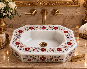 Pietra Dura Stone Vessel Sink – Handmade Floral Inlay Marble Basin – Luxury Royal Bathroom Decor