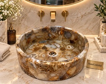 Natural Gemstone Bathroom Sink – Brown Agate Round Vessel Basin – Luxury Handmade Stone Vanity