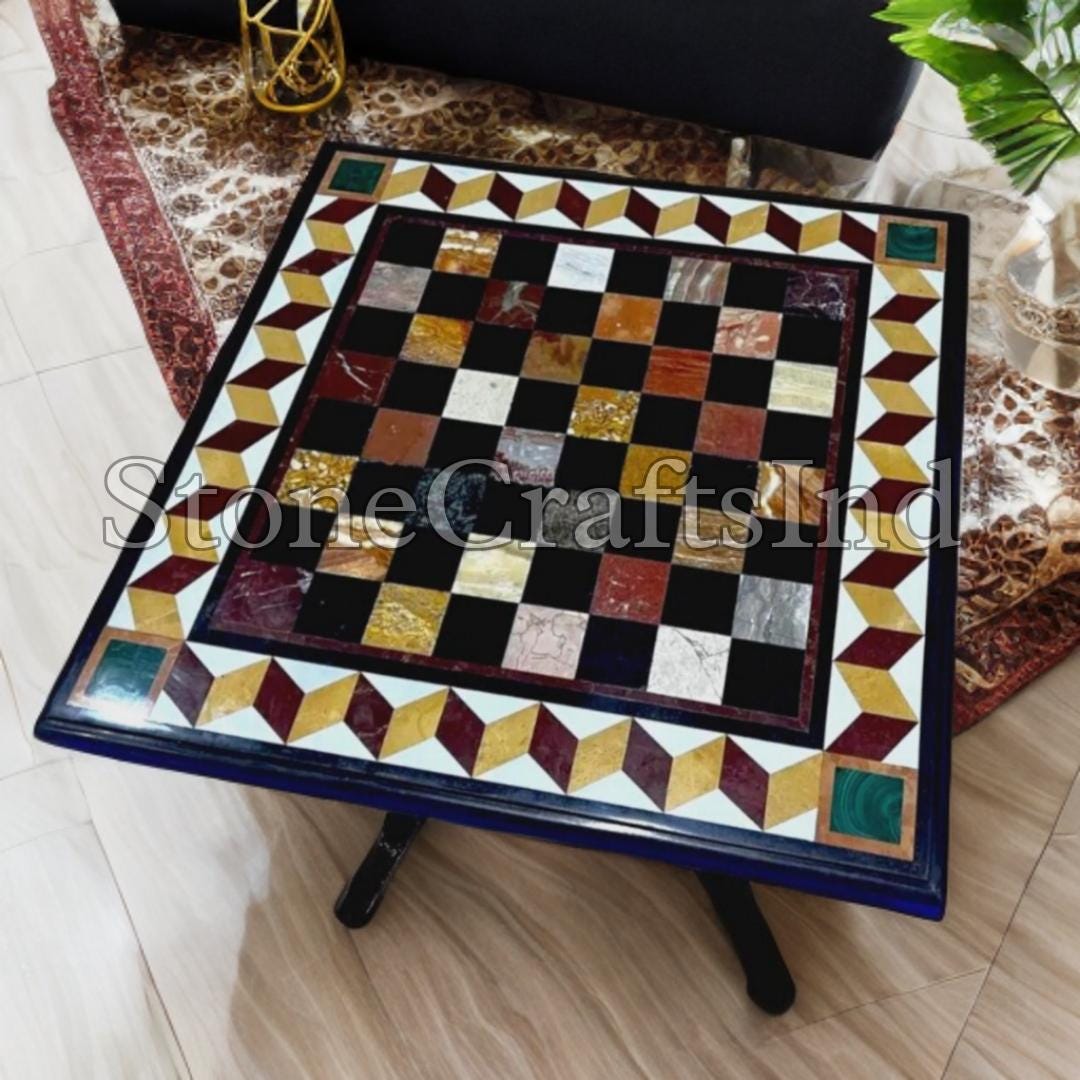 Black Marble Inlay Chess Table, Semiprecious Stone Marquetry - Etsy