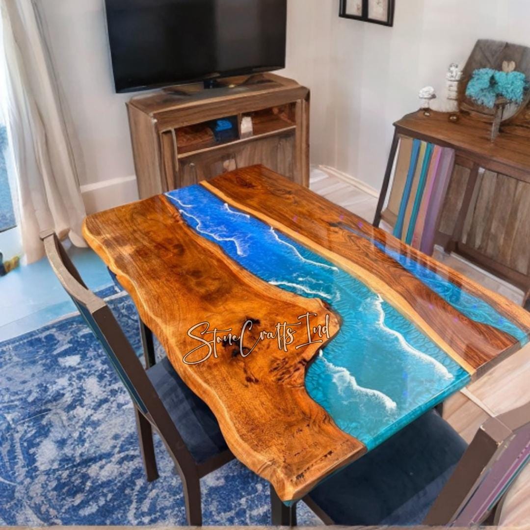 Handmade Ocean Wave Epoxy Resin Table Top, Custom Wood Dining Table - Etsy