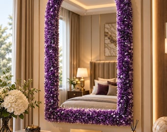 Natural Amethyst Crystal Wall Mirror – Handmade Luxury Gemstone Arched Mirror – Statement Bedroom Vanity Decor