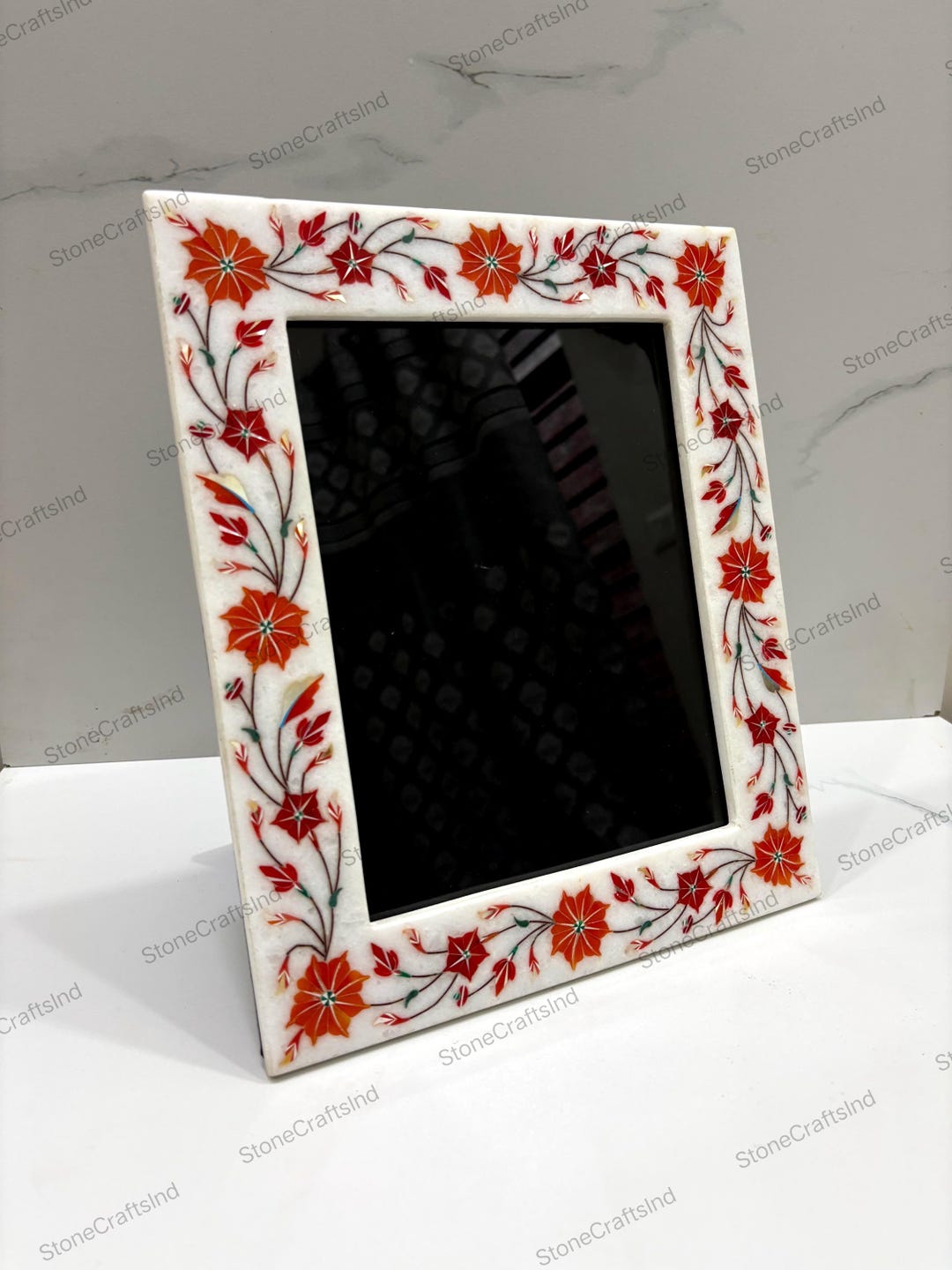 Unique Picture Frame Inlay Marble Inlay Picture Frame With Carnelian Gemstone Floral Design - Etsy