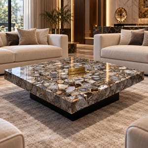 May include: A square coffee table featuring a polished surface composed of numerous multi-colored agate stone slices in shades of gray, brown, and white. The table has a thick, flat top and a solid black base, with a small gold plaque reading StoneCraftsInd.