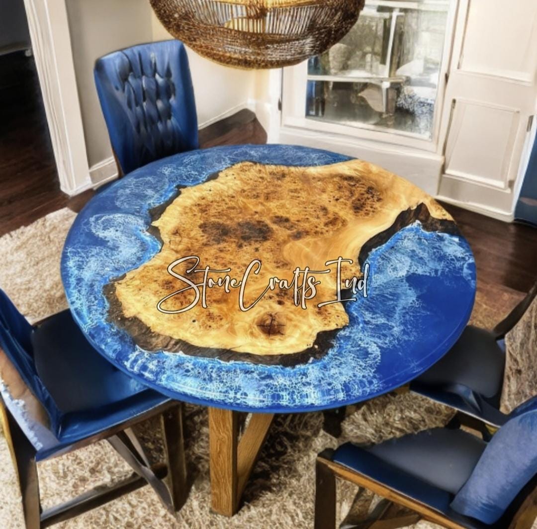 Handmade Round Ocean Epoxy Table Top, Blue Resin River Wood Furniture ...