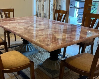 Handmade Rose Quartz Dining Table Top, Pink Stone Center Table