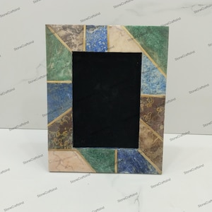 Gemstones & Brass Inlay Photo Frame, Natural Italian Stone Family Picture Frame, Memorable Frame, Couple Photo Frame, Wedding Gifts