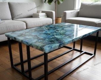 Blue Agate Dining Table Top / Handmade Stone Center Table Luxury Living Room Furniture