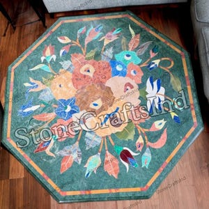 Green Marble Inlay Coffee Dining Table Top / Pietra Dura Living Room Table / Handicraft Stone Inlay Center Table / Living Room Furniture