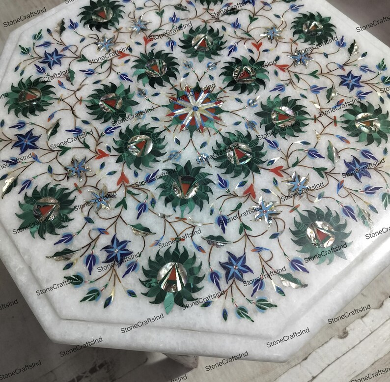 Handmade Marble Inlay Table Top with Malachite, Living Room Decor image 6