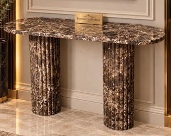 Luxury Brown Emperador Marble Console Table – Handmade Natural Stone Table – Elegant Fluted Base Furniture